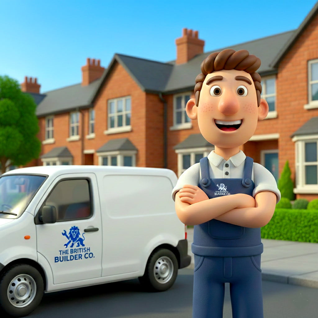 Illustration of a cheerful tradesperson with branded van